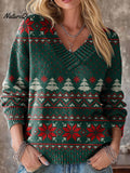 Vintage Diamond Geometric Christmas Tree Painting Art Print Knit V-neck Pullover Sweater