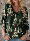 Vintage Winter Christmas Tree Painting Art Print Knit V-neck Pullover Sweater
