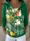 Women's Cute Winter Christmas Gift Drawing Art Print Casual Hooded Button Sweater