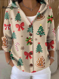Women's Winter Christmas Gift Painting Art Print Casual Hooded Button Sweater