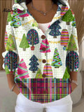 Women's Beautiful And Colorful Winter Christmas Tree Painting Art Print Casual Hooded Button Sweater