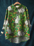 Vintage Lovely Rabbits Floral Art Print Casual Cotton And Linen Shirt