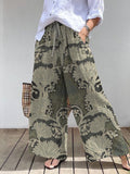 Retro Floral Vine Plant Pattern Elegant Cotton Linen Wide Leg Pants