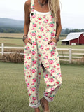 Women's Lovely Floral Art Print Casual Wide Leg Jumpsuit