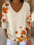 Women's Casual Retro Maple Leaf Striped V-neck Pullover Sweater