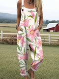 Women's Vintage Floral Art Print Casual Wide Leg Jumpsuit