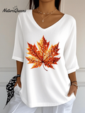 Women's Sequined Maple Leaf Pumpkin Printed Jacquard Fabric Casual V-Neck Top