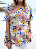 Women's Elegant Floral Round Neck Cotton and Linen Top