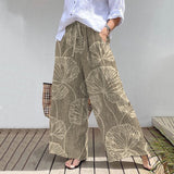 Elegant Gentle Ginkgo Leaf Art Print Elastic Pocket Wide Leg Pants