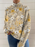 Women's Vintage Floral Pattern Art Print Knit Turtleneck Pullover Sweater