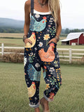 Women's Lovely Chicken Floral Art Print Casual Wide Leg Jumpsuit