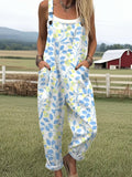 Women's Vintage Flower Art Print Casual Wide Leg Jumpsuit