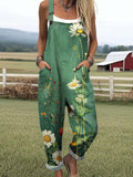 Women's Lovely Floral Art Print Casual Wide Leg Jumpsuit