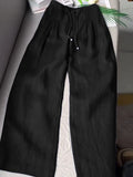 Women's Solid Color Pleated Drawstring Casual Cotton and Linen Wide Leg Pants