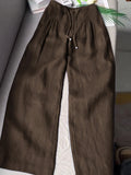 Women's Solid Color Pleated Drawstring Casual Cotton and Linen Wide Leg Pants