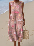 Women's Vintage Floral Art Print Sleeveless Cotton Pocket Wrap Dress