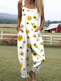 Women's Cute Bee Sunflower Illustration Art Print Casual Wide Leg Jumpsuit