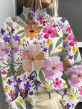 Vintage Floral  Art Print Knit Turtleneck Pullover Sweater