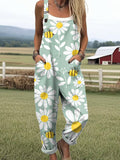 Women's Artistic Daisy Cute Bee Print Casual Cotton Wide Leg Jumpsuit