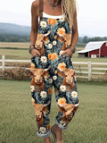 Women's Lovely Cow Floral Pattern Art Print Casual Wide Leg Jumpsuit