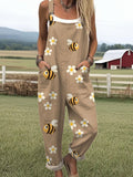Women's Vintage Flower Bee Art Print Casual Wide Leg Jumpsuit