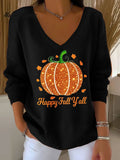 Women's Autumn Rhinestone Pumpkin Print V-Neck T-Shirt