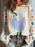 Women's Funny Chicken Art Print Casual Pullover Sweater