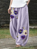 Pansy Flowers Embroidered Linen Blend Wide Leg Pants