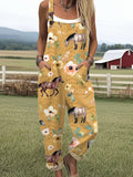 Women's Funny Farm Horse Flower Art Print Casual Wide Leg Jumpsuit