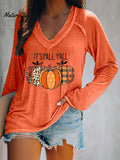Halloween Bats Print V-neck  Long Sleeve Casual T-Shirt