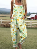 Women's Green Colourful Cute Bee Print Casual Wide Leg Jumpsuit