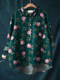 Women's Floral Art Print Casual Cotton And Linen Shirt