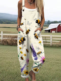 Women's Lovely Bees Floral Art Print Casual Wide Leg Jumpsuit