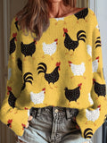 Women's Funny Chicken Art Print Casual Pullover Sweater