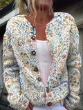 Women's Vintage Floral Art Print Buttoned Cardigan Sweater