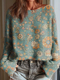 Women's Vintage Floral Pattern Art Print Casual Pullover Sweater