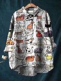 Women's Cute Cat Art Print Casual Cotton And Linen Shirt