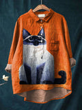 Vintage Funny Cat Art Print Casual Cotton And Linen Shirt