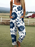 Women's Vintage Flower Art Print Casual Wide Leg Jumpsuit