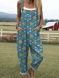 Women's Vintage Flower Art Print Casual Wide Leg Jumpsuit
