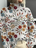 Vintage Floral  Art Print Knit Turtleneck Pullover Sweater
