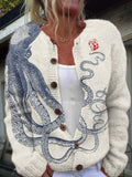 Japanese Octopus Art Button Knitted Sweater Cardigan