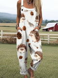 Women's Lovely Hedgehog Art Print Casual Cotton Wide Leg Jumpsuit