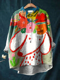 Vintage Lovely Dog Floral Art Print Casual Cotton And Linen Shirt