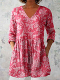 Women's Elegant Floral Pattern Round Neck Cotton and Linen Top