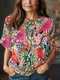 Women's Vintage Flower Art Print Casual Crew Neck Short Sleeve Knitted Sweater