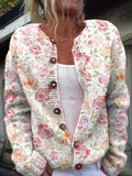 Women's Vintage Art Watercolour Flower Print Buttoned Cardigan Sweater