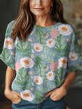 Women's Vintage Floral Art Print Casual Crew Neck Short Sleeve Knitted Sweater
