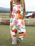 Women's Flower Dog Print Casual Wide Leg Jumpsuit