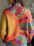 Vintage Panelled Sunburst Pattern Print Knit Turtleneck Pullover Sweater
